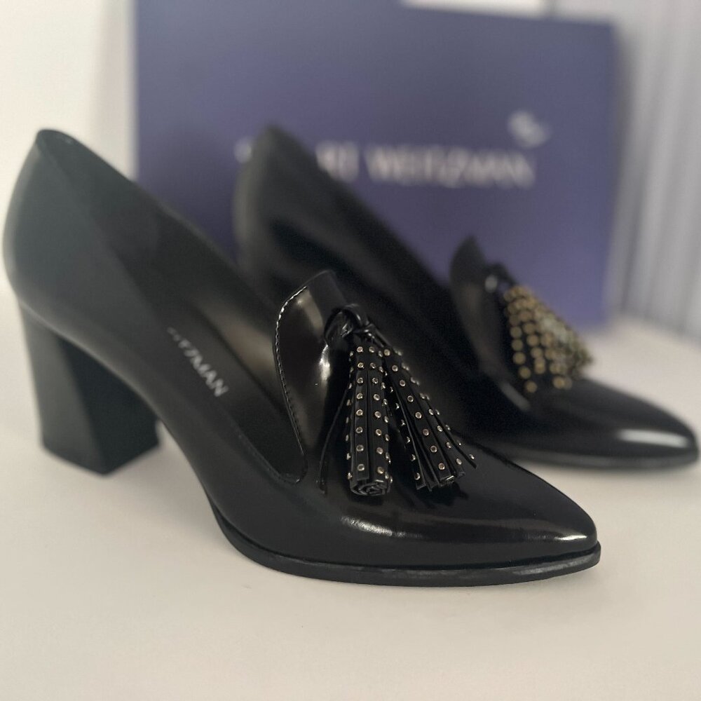 Stuart Weitzman “Broom” Loafer block Heel in Black patent leather